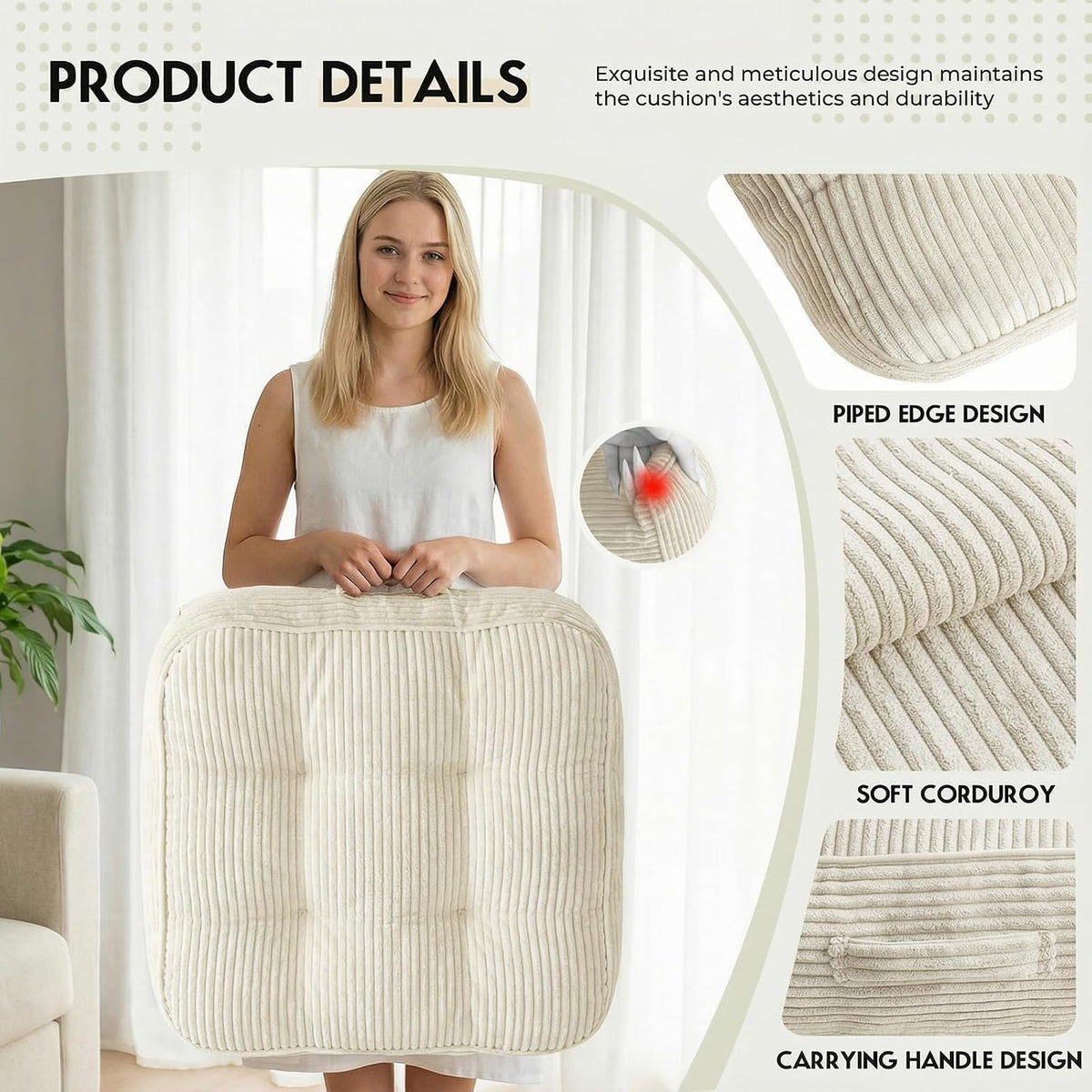 11" Thick Washable Floor Pillow for Adults, Yoga & Meditation Cushion with Handle, Square Large Pillows Seating with Removable Tufted Corduroy Cover for Tatami Living Room Board Games, Blind Shape