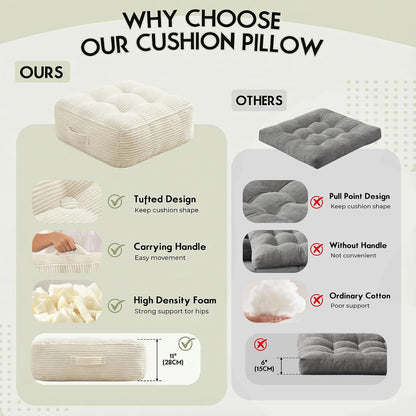 11" Thick Washable Floor Pillow for Adults, Yoga & Meditation Cushion with Handle, Square Large Pillows Seating with Removable Tufted Corduroy Cover for Tatami Living Room Board Games, Blind Shape