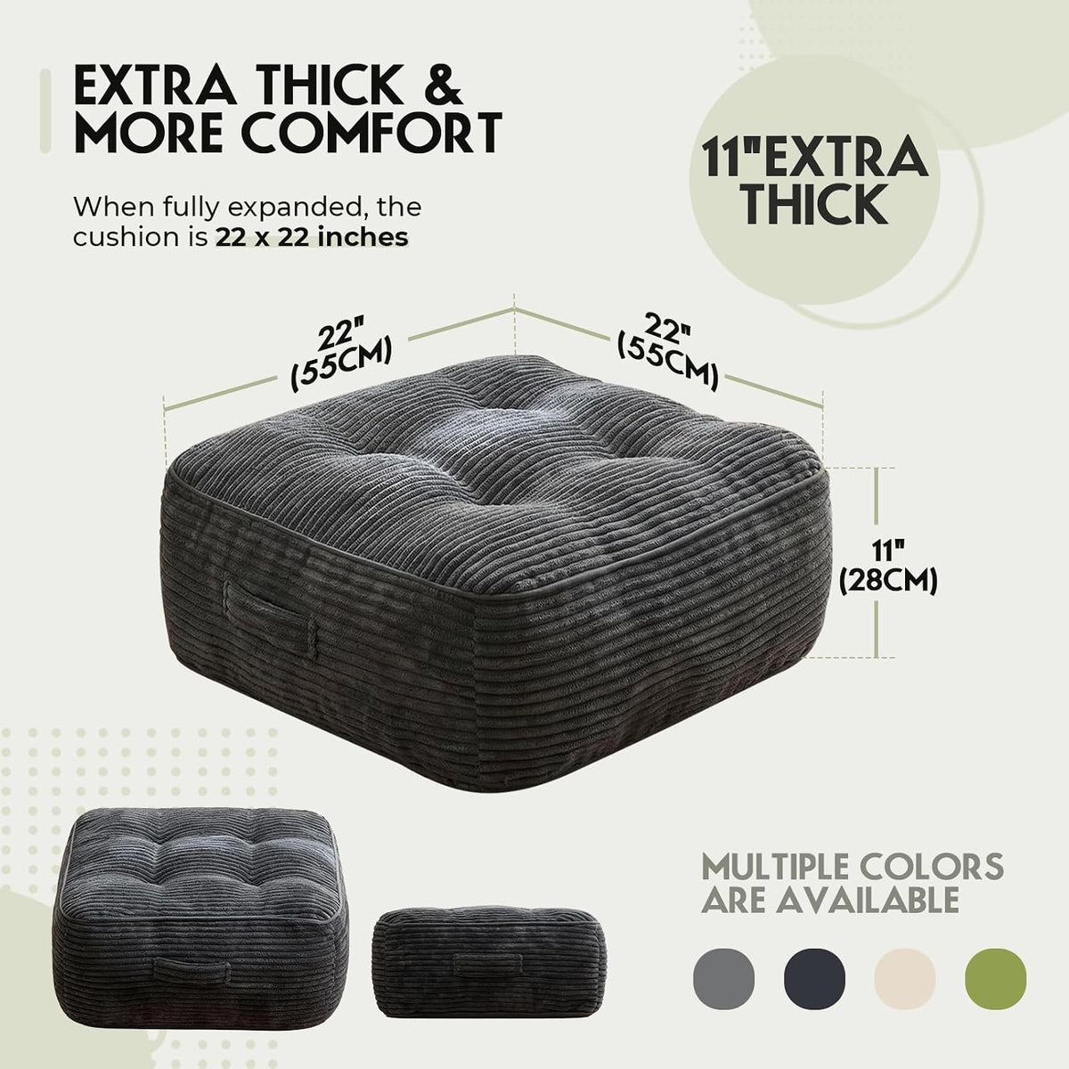 11" Thick Washable Floor Pillow for Adults, Yoga & Meditation Cushion with Handle, Square Large Pillows Seating with Removable Tufted Corduroy Cover for Tatami Living Room Board Games, Blind Shape
