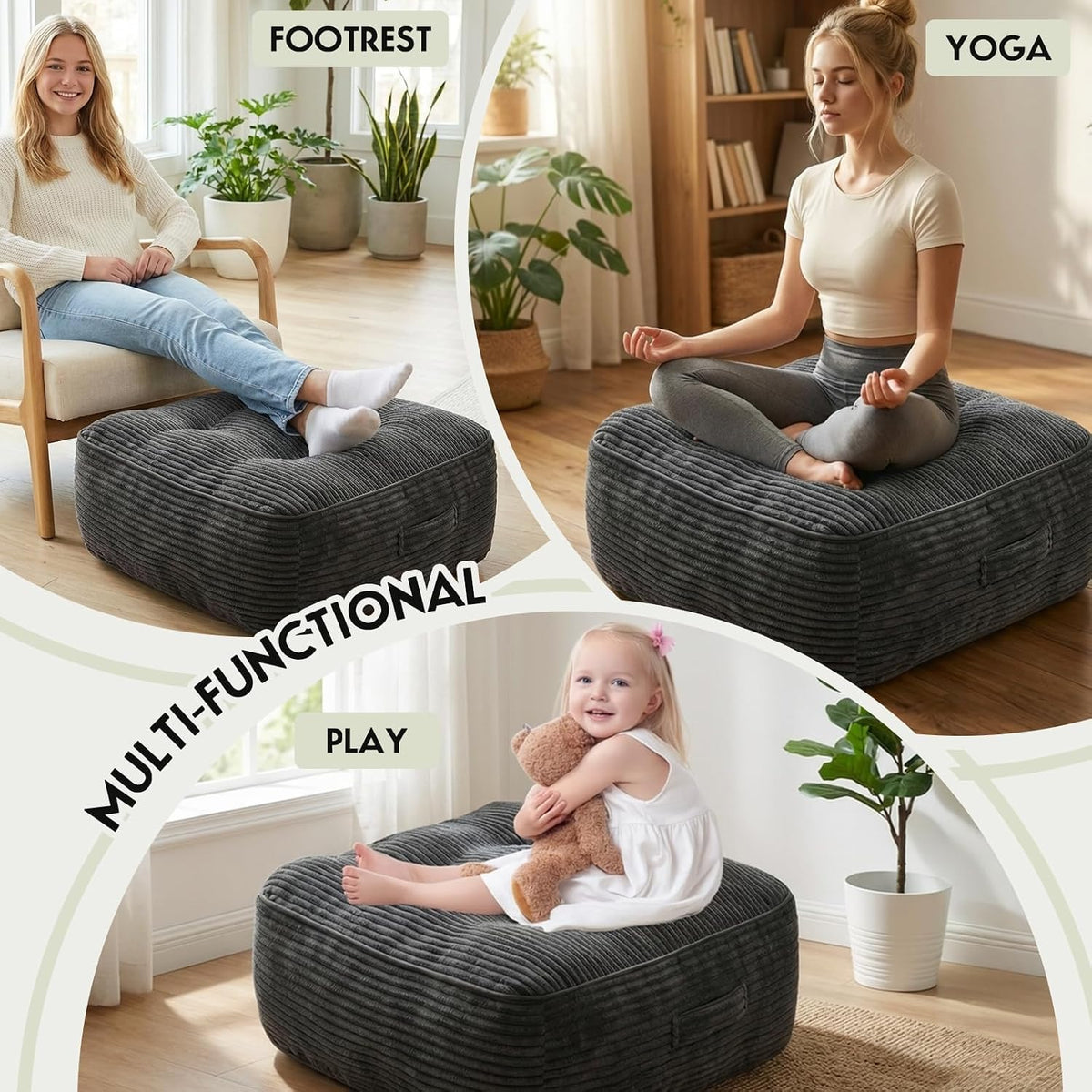 11" Thick Washable Floor Pillow for Adults, Yoga & Meditation Cushion with Handle, Square Large Pillows Seating with Removable Tufted Corduroy Cover for Tatami Living Room Board Games, Blind Shape