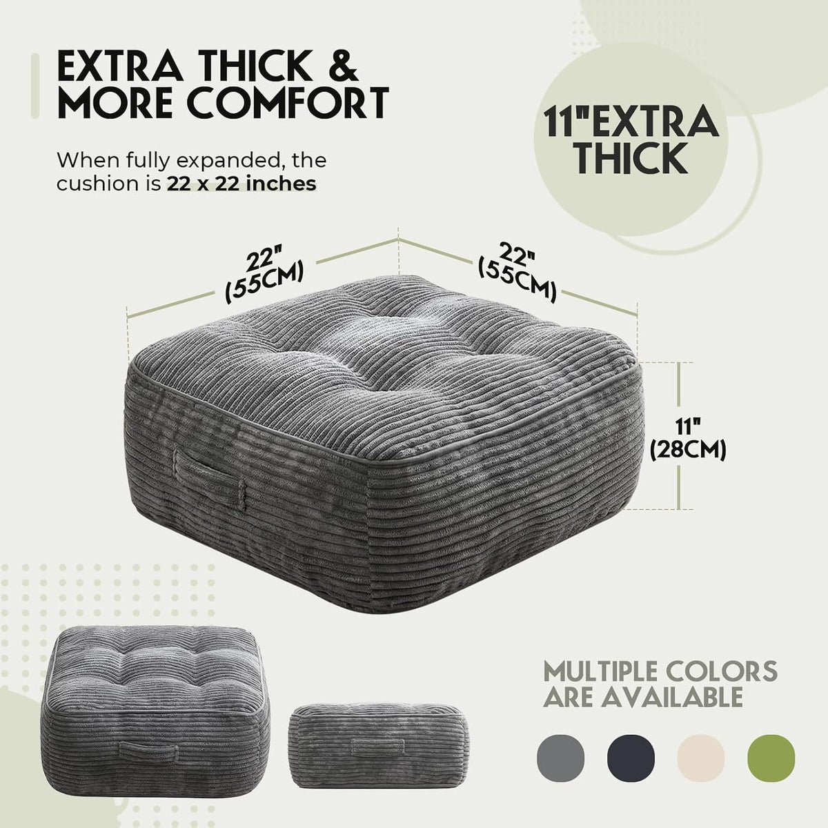 11" Thick Washable Floor Pillow for Adults, Yoga & Meditation Cushion with Handle, Square Large Pillows Seating with Removable Tufted Corduroy Cover for Tatami Living Room Board Games, Blind Shape