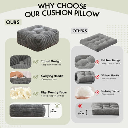 11" Thick Washable Floor Pillow for Adults, Yoga & Meditation Cushion with Handle, Square Large Pillows Seating with Removable Tufted Corduroy Cover for Tatami Living Room Board Games, Blind Shape