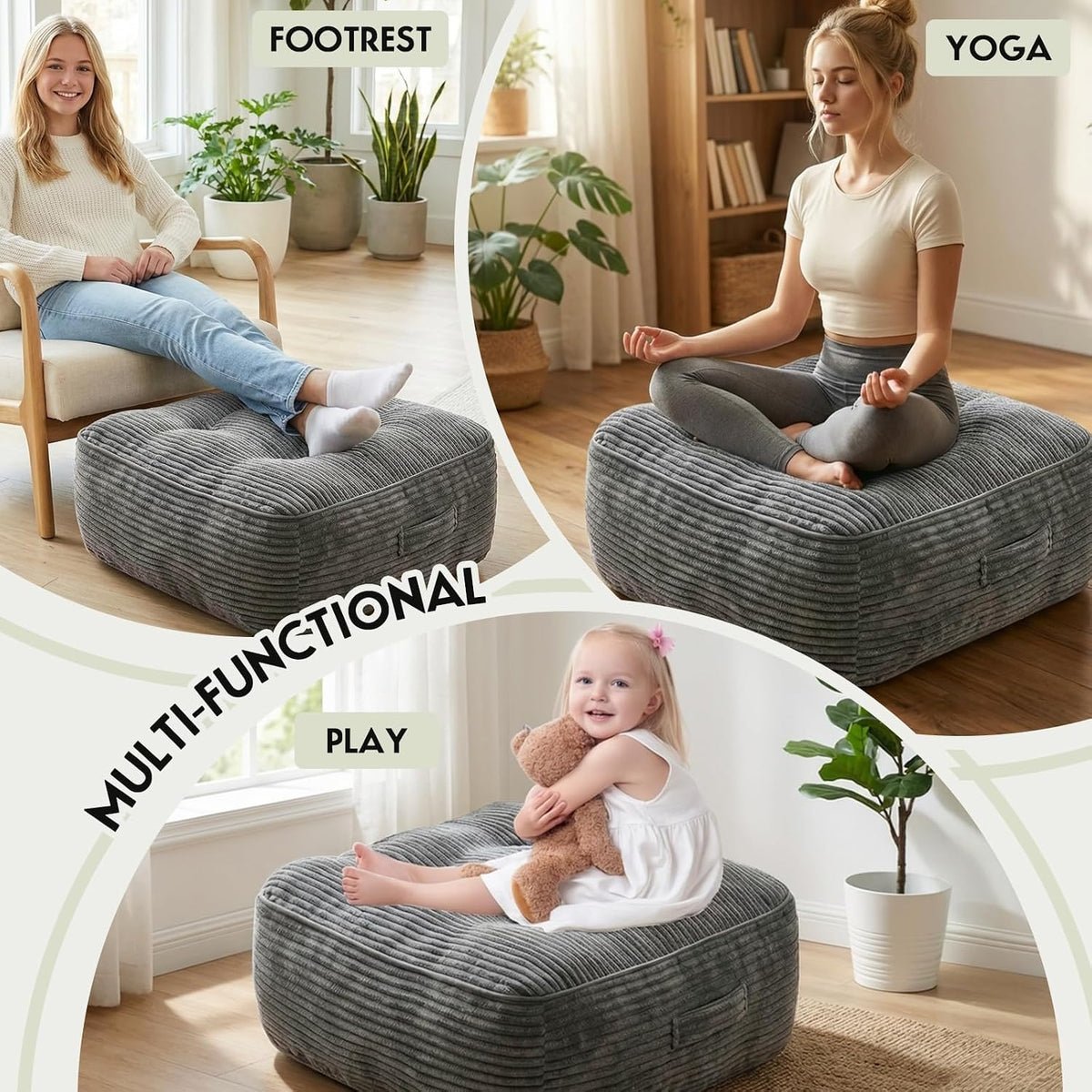 11" Thick Washable Floor Pillow for Adults, Yoga & Meditation Cushion with Handle, Square Large Pillows Seating with Removable Tufted Corduroy Cover for Tatami Living Room Board Games, Blind Shape