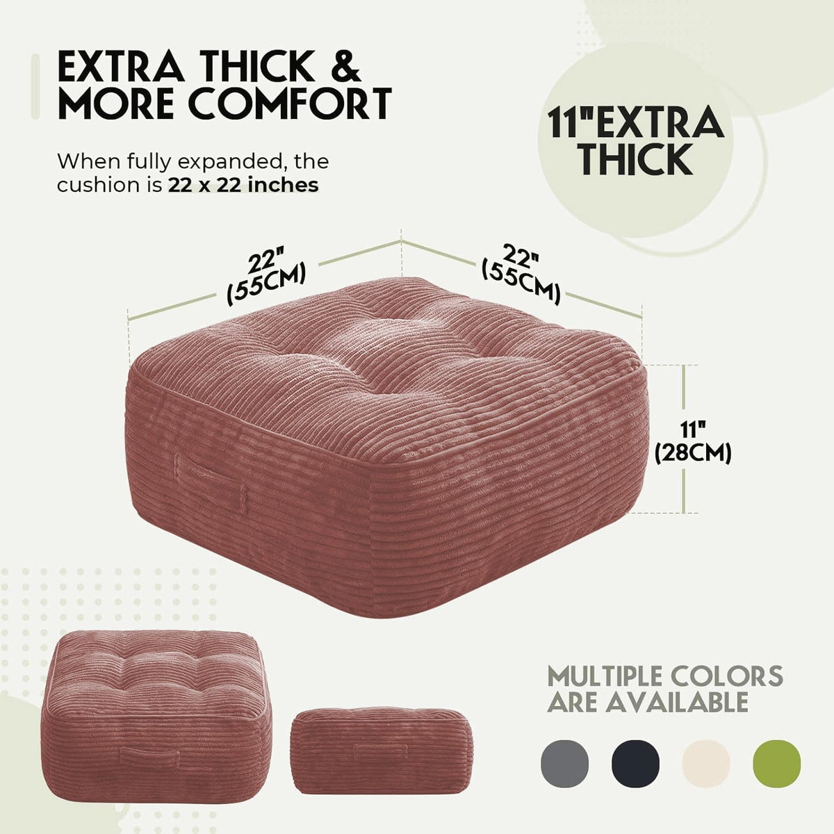11" Thick Washable Floor Pillow for Adults, Yoga & Meditation Cushion with Handle, Square Large Pillows Seating with Removable Tufted Corduroy Cover for Tatami Living Room Board Games, Blind Shape
