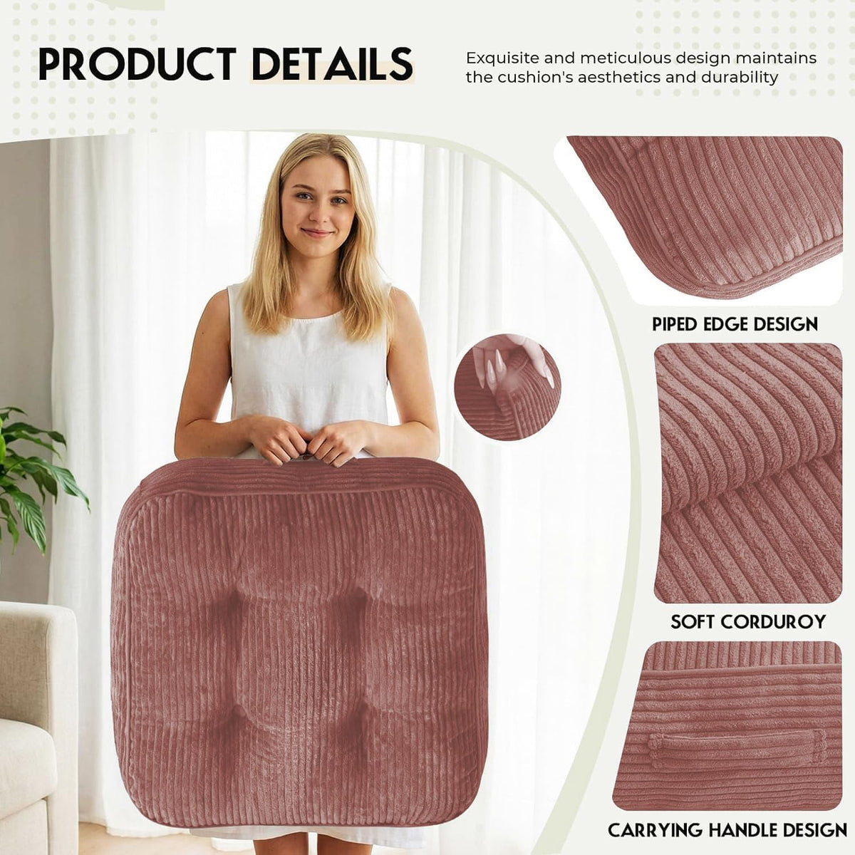11" Thick Washable Floor Pillow for Adults, Yoga & Meditation Cushion with Handle, Square Large Pillows Seating with Removable Tufted Corduroy Cover for Tatami Living Room Board Games, Blind Shape