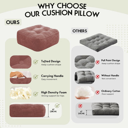 11" Thick Washable Floor Pillow for Adults, Yoga & Meditation Cushion with Handle, Square Large Pillows Seating with Removable Tufted Corduroy Cover for Tatami Living Room Board Games, Blind Shape