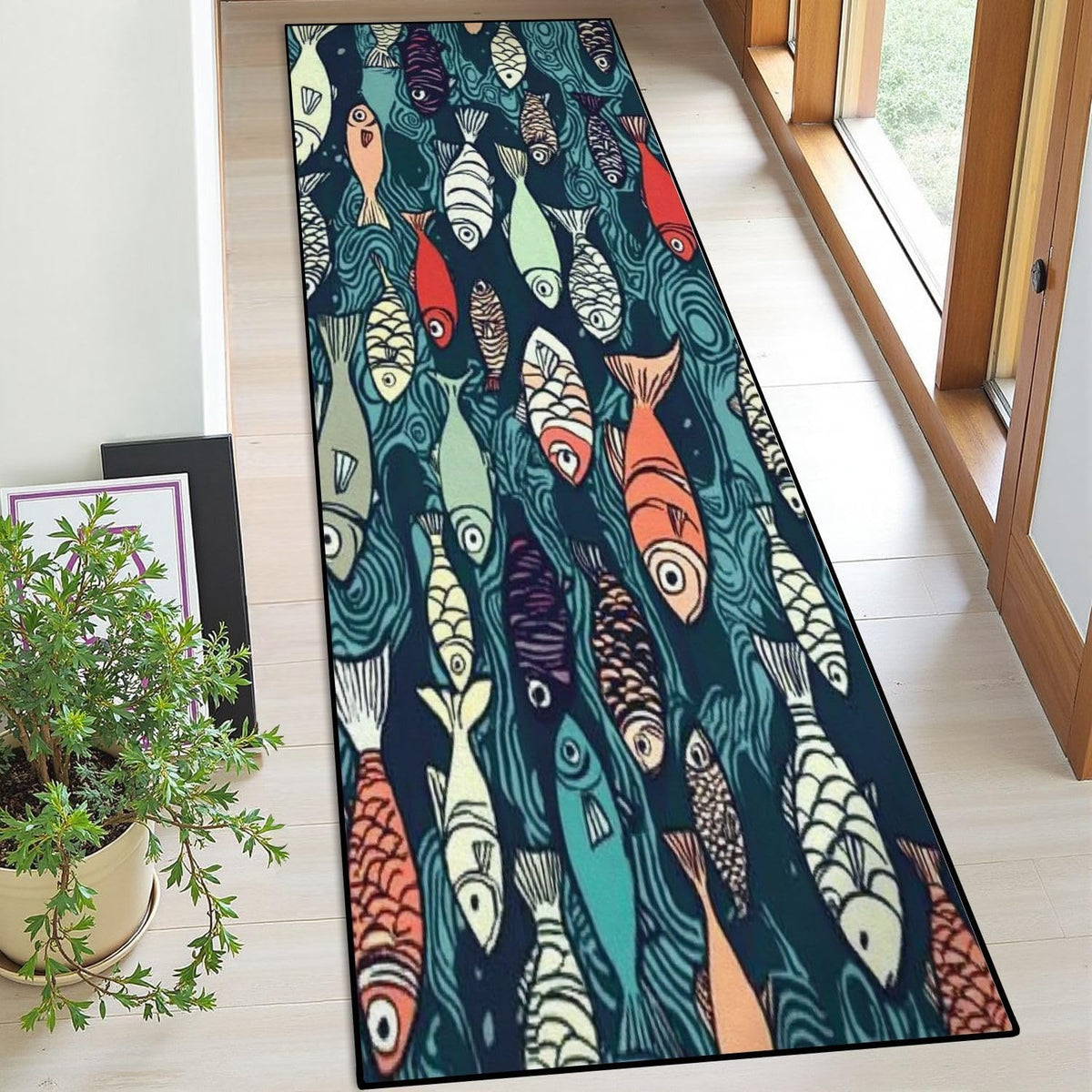 Runner Rug Washable 2x6 Seamless Pattern Fish Swimming Against Current Against Crowd Non-Slip Hallway Area Rug Indoor Outdoor Home Decor for Entryway Bathroom Kitchen Carpet Yoga Floor Mat