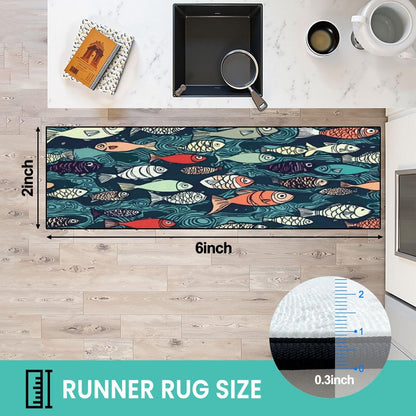 Runner Rug Washable 2x6 Seamless Pattern Fish Swimming Against Current Against Crowd Non-Slip Hallway Area Rug Indoor Outdoor Home Decor for Entryway Bathroom Kitchen Carpet Yoga Floor Mat