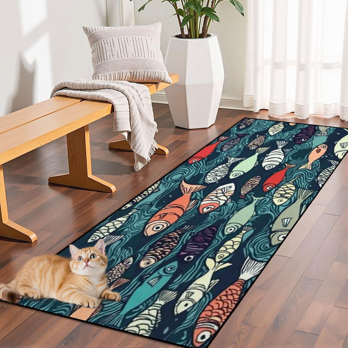 Runner Rug Washable 2x6 Seamless Pattern Fish Swimming Against Current Against Crowd Non-Slip Hallway Area Rug Indoor Outdoor Home Decor for Entryway Bathroom Kitchen Carpet Yoga Floor Mat