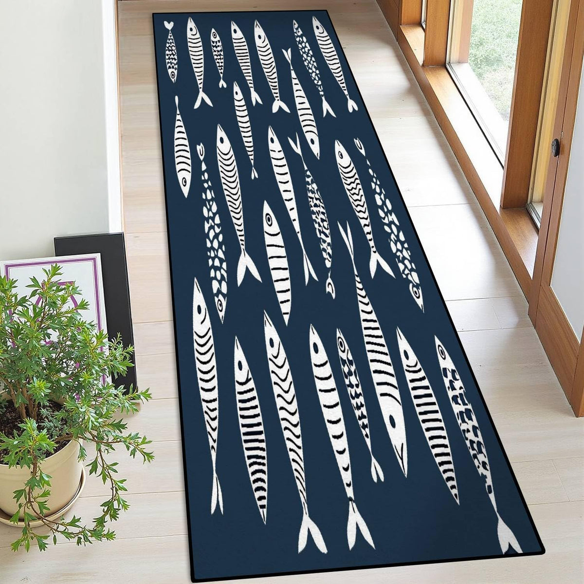 Runner Rug Washable 2x6 Seamless Pattern Fish Swimming Against Current Against Crowd Non-Slip Hallway Area Rug Indoor Outdoor Home Decor for Entryway Bathroom Kitchen Carpet Yoga Floor Mat
