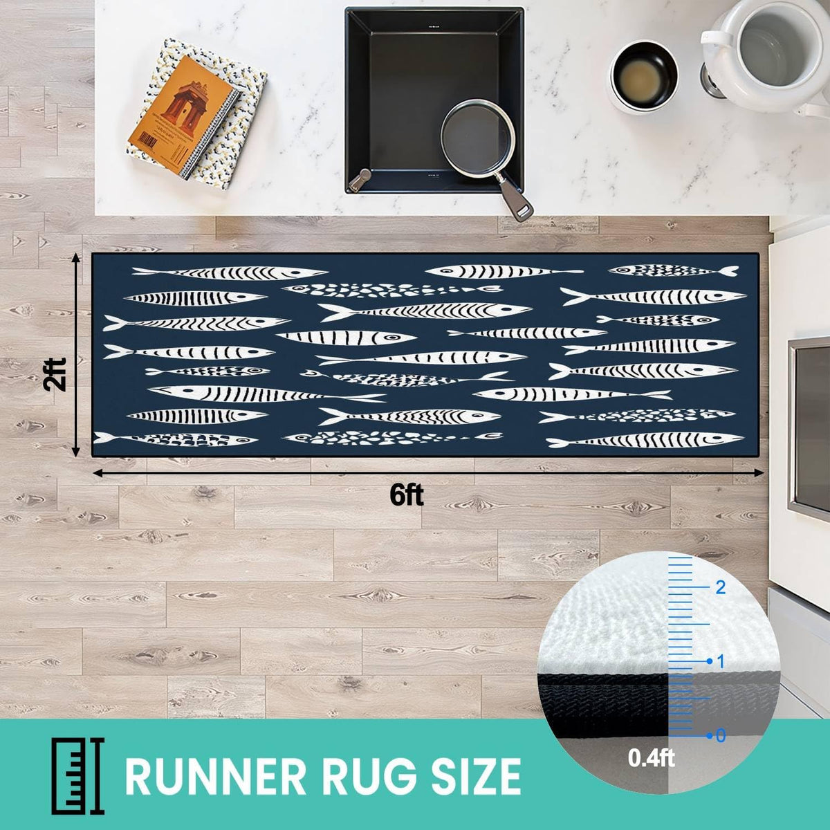 Runner Rug Washable 2x6 Seamless Pattern Fish Swimming Against Current Against Crowd Non-Slip Hallway Area Rug Indoor Outdoor Home Decor for Entryway Bathroom Kitchen Carpet Yoga Floor Mat