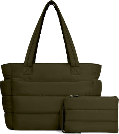 Puffer Tote Bag for Women, Lightweight Puffy Handbag with Compartments, Quilted Shoulder Bag for Work, Travel, Gym - Colors A