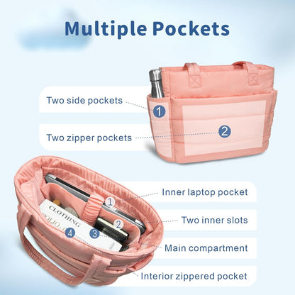 Puffer Tote Bag for Women, Lightweight Puffy Handbag with Compartments, Quilted Shoulder Bag for Work, Travel, Gym - Colors A