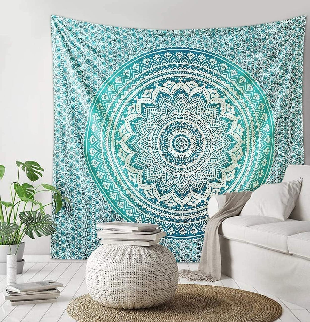 Large Green Ombre Mandala Tapestry Wall Hanging,Indian Cotton Beach Throw Blanket Hippie Queen Boho Décor,Meditation Yoga Mat Rugs,82x92 Inches
