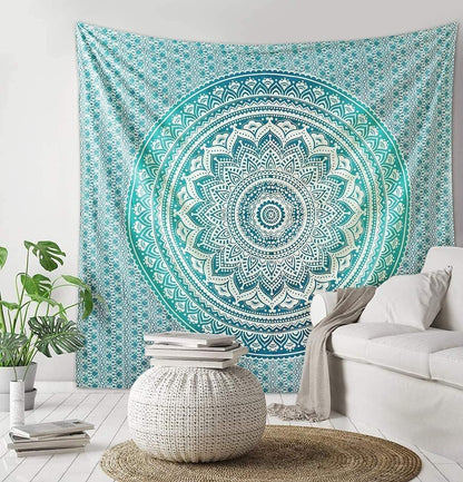 Large Green Ombre Mandala Tapestry Wall Hanging,Indian Cotton Beach Throw Blanket Hippie Queen Boho Décor,Meditation Yoga Mat Rugs,82x92 Inches