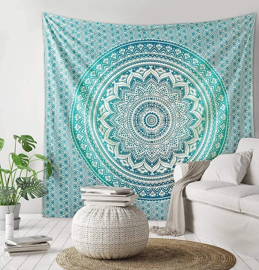 Large Green Ombre Mandala Tapestry Wall Hanging,Indian Cotton Beach Throw Blanket Hippie Queen Boho Décor,Meditation Yoga Mat Rugs,82x92 Inches