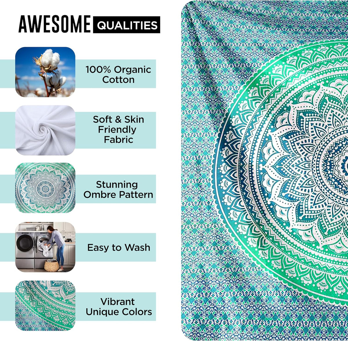 Large Green Ombre Mandala Tapestry Wall Hanging,Indian Cotton Beach Throw Blanket Hippie Queen Boho Décor,Meditation Yoga Mat Rugs,82x92 Inches