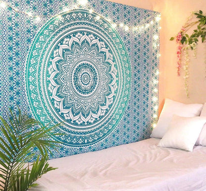 Large Green Ombre Mandala Tapestry Wall Hanging,Indian Cotton Beach Throw Blanket Hippie Queen Boho Décor,Meditation Yoga Mat Rugs,82x92 Inches