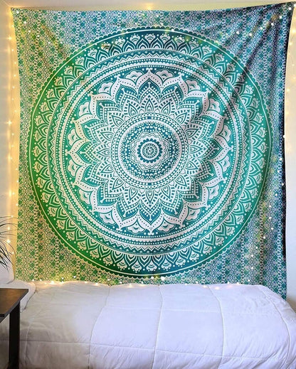 Large Green Ombre Mandala Tapestry Wall Hanging,Indian Cotton Beach Throw Blanket Hippie Queen Boho Décor,Meditation Yoga Mat Rugs,82x92 Inches