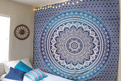 Large Green Ombre Mandala Tapestry Wall Hanging,Indian Cotton Beach Throw Blanket Hippie Queen Boho Décor,Meditation Yoga Mat Rugs,82x92 Inches