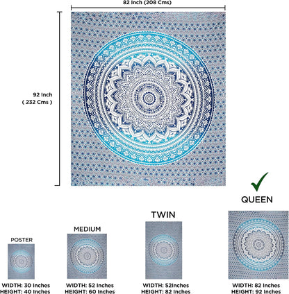 Large Green Ombre Mandala Tapestry Wall Hanging,Indian Cotton Beach Throw Blanket Hippie Queen Boho Décor,Meditation Yoga Mat Rugs,82x92 Inches
