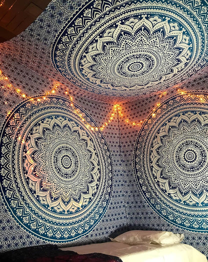 Large Green Ombre Mandala Tapestry Wall Hanging,Indian Cotton Beach Throw Blanket Hippie Queen Boho Décor,Meditation Yoga Mat Rugs,82x92 Inches