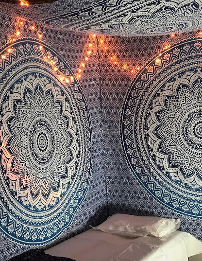 Large Green Ombre Mandala Tapestry Wall Hanging,Indian Cotton Beach Throw Blanket Hippie Queen Boho Décor,Meditation Yoga Mat Rugs,82x92 Inches