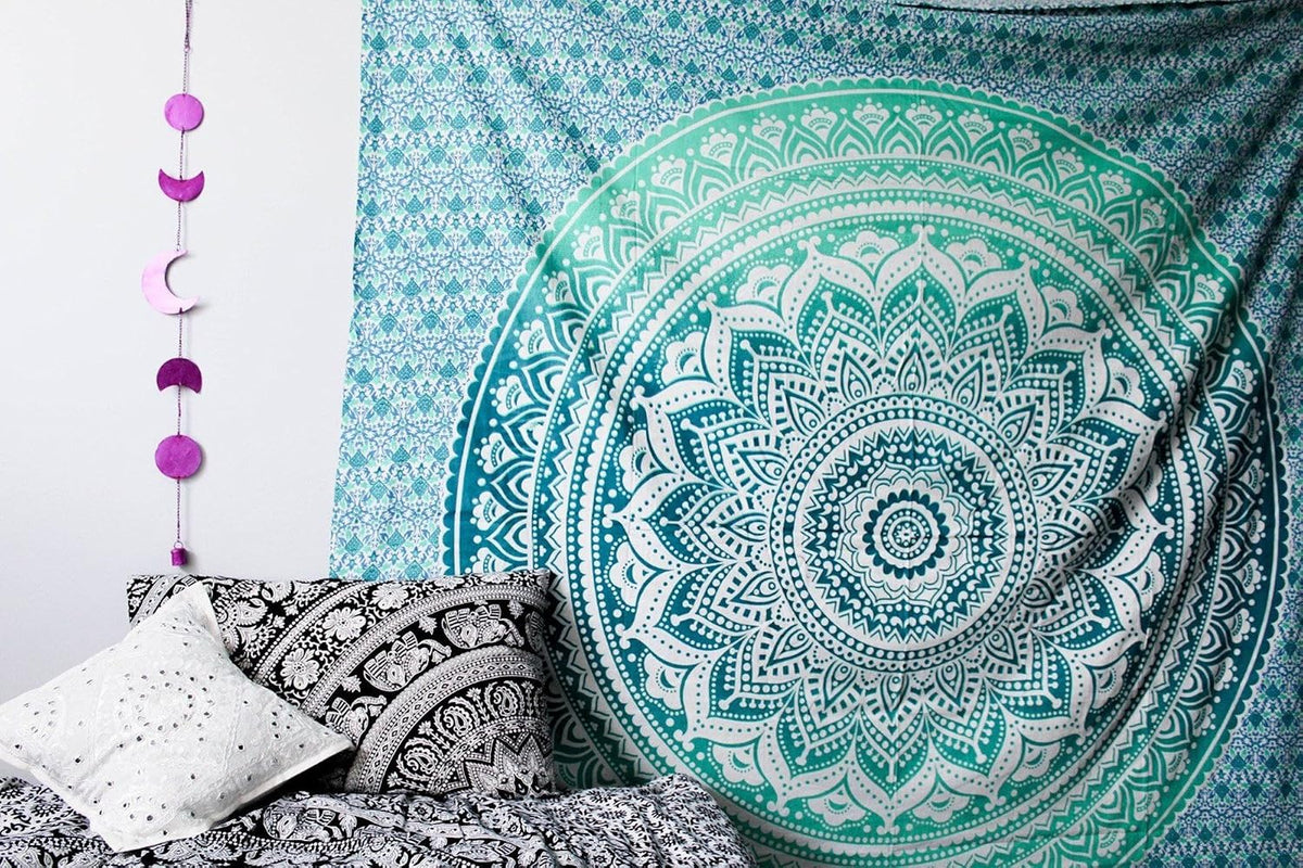 Large Green Ombre Mandala Tapestry Wall Hanging,Indian Cotton Beach Throw Blanket Hippie Queen Boho Décor,Meditation Yoga Mat Rugs,82x92 Inches