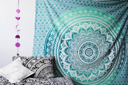 Large Green Ombre Mandala Tapestry Wall Hanging,Indian Cotton Beach Throw Blanket Hippie Queen Boho Décor,Meditation Yoga Mat Rugs,82x92 Inches