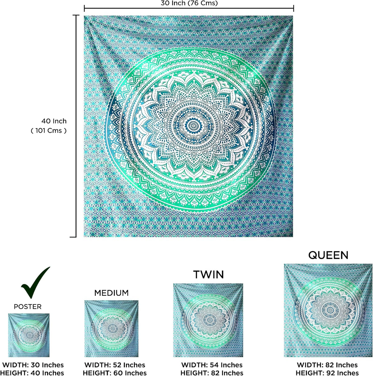 Large Green Ombre Mandala Tapestry Wall Hanging,Indian Cotton Beach Throw Blanket Hippie Queen Boho Décor,Meditation Yoga Mat Rugs,82x92 Inches