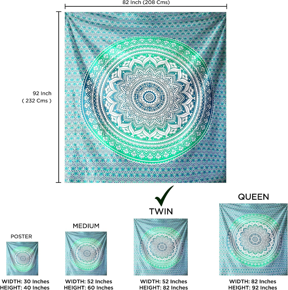 Large Green Ombre Mandala Tapestry Wall Hanging,Indian Cotton Beach Throw Blanket Hippie Queen Boho Décor,Meditation Yoga Mat Rugs,82x92 Inches