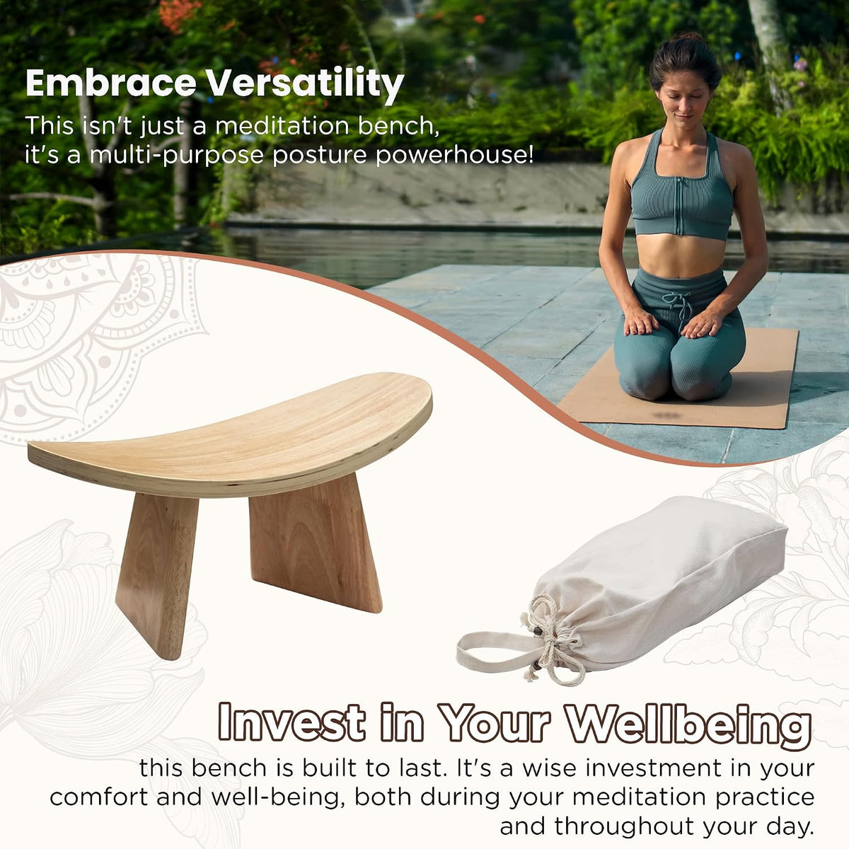 Ergonomic Wooden Meditation Bench for Seiza & Yoga Practice - Natural Portable Kneeling Seat for Travel & Prayer