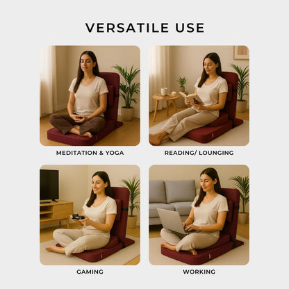 Friends of Meditation Relaxing Buddha Meditation Chair | Detachable Rectangular Back Support & Zafu Cushion | Portable Folding Chair | Floor Chair with Back Support | Yoga Chairs for Adults | Maroon
