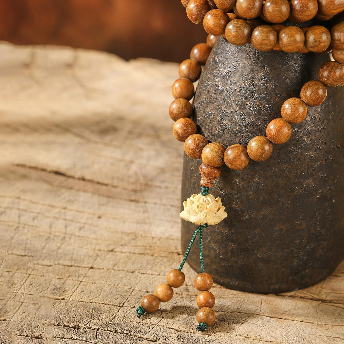 Natural Green Sandalwood 108 Mala Bead Necklace Buddhist Prayer Beads for Meditation or Yoga