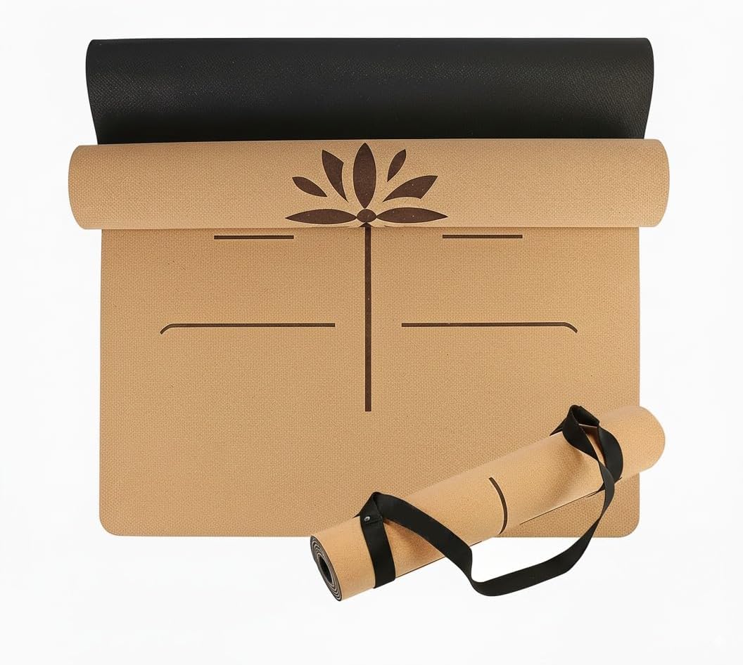 Premium Cork Yoga Mat | Extra-Large 5mm Thick Mat with Natural Tree Rubber Base | Non-Slip Surface with Alignment Lines for Posture Support | Eco-Friendly, Durable & Comfortable for All Yoga Practices