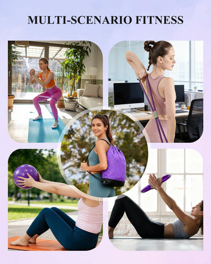 Pilates Essentials Kit for Women, Yoga Starter Set for Home Workouts with Pilates Ring and Yoga Ball Set, 3 Resistance Bands, Storage Bag, Full Pilates Set for Toning Arms, Thighs & Core