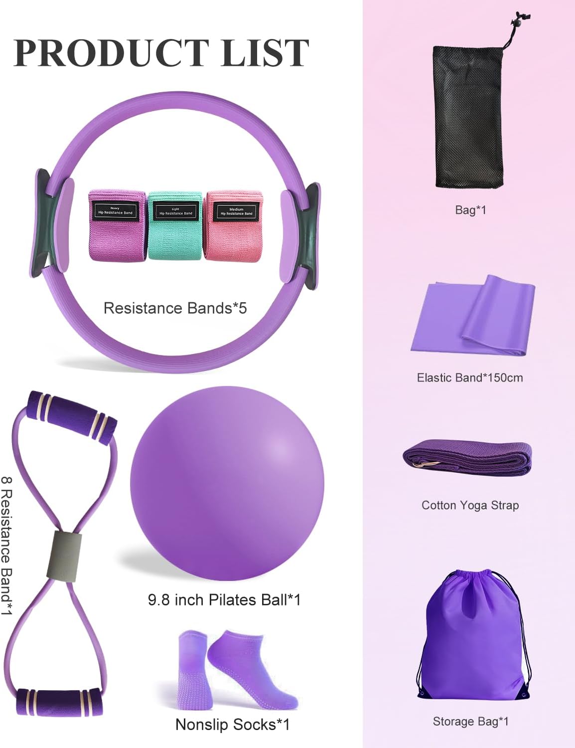 Pilates Essentials Kit for Women, Yoga Starter Set for Home Workouts with Pilates Ring and Yoga Ball Set, 3 Resistance Bands, Storage Bag, Full Pilates Set for Toning Arms, Thighs & Core