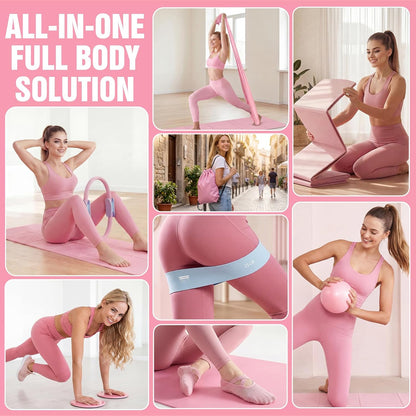 Foldable Pilates Kit for Women – Portable Home Workout Set with Compact Pilates Mat, Ring, Ball, Resistance Bands & Sliders for Small Spaces, Travel & Beginner Full Body Training