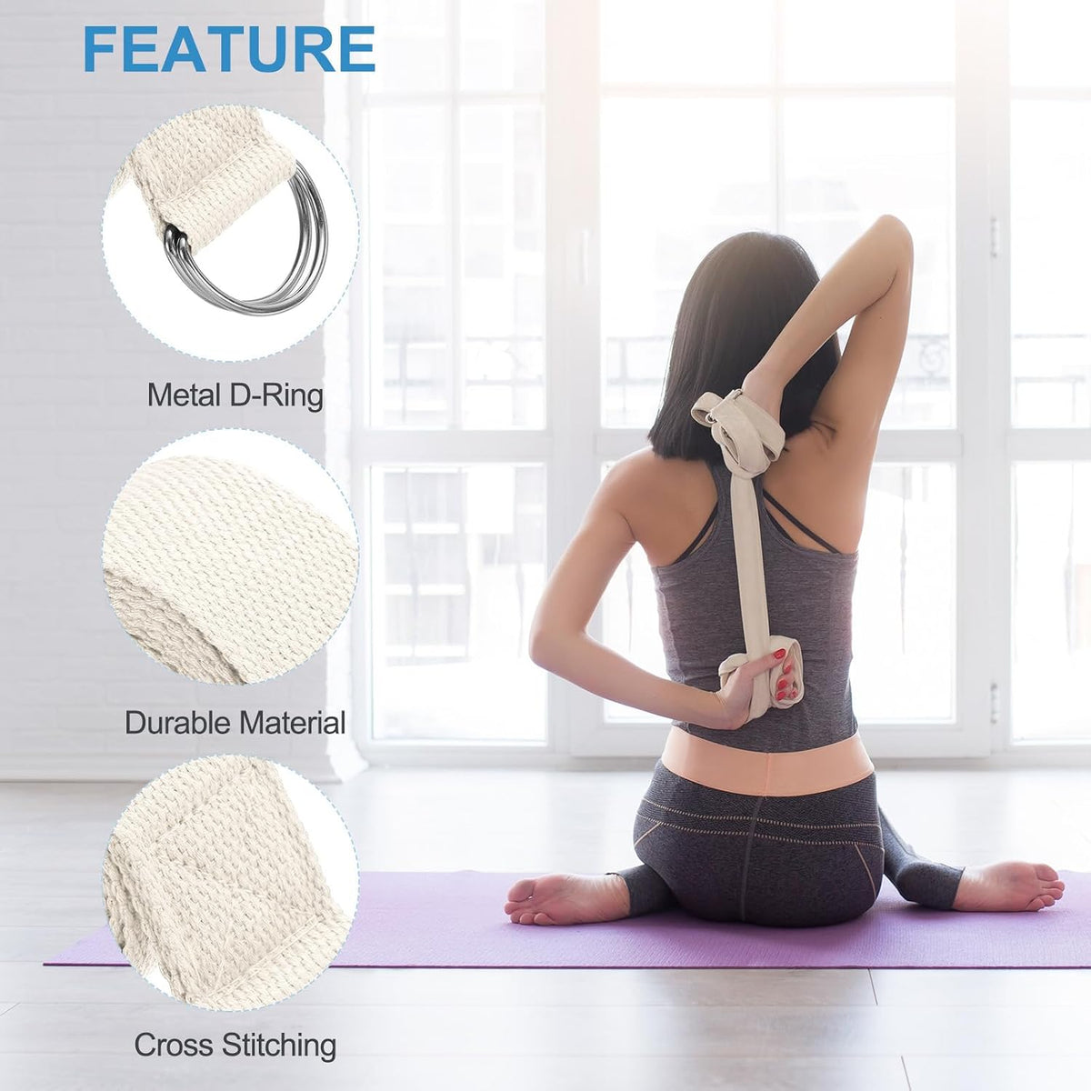 Yoga Strap for Stretching, Cotton Yoga Belt with Adjustable Metal D-Ring Buckle Stretch Band for Fitness Pilates
