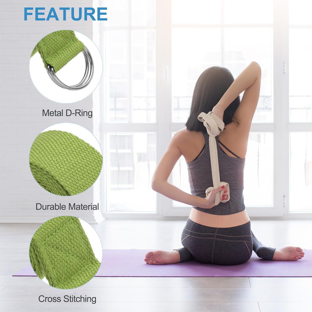 Yoga Strap for Stretching, Cotton Yoga Belt with Adjustable Metal D-Ring Buckle Stretch Band for Fitness Pilates