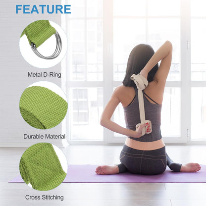 Yoga Strap for Stretching, Cotton Yoga Belt with Adjustable Metal D-Ring Buckle Stretch Band for Fitness Pilates