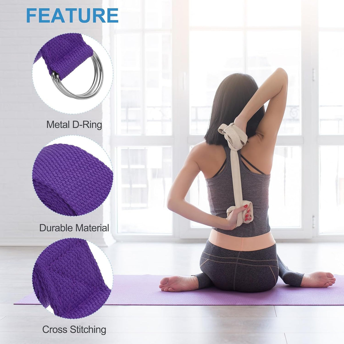 Yoga Strap for Stretching, Cotton Yoga Belt with Adjustable Metal D-Ring Buckle Stretch Band for Fitness Pilates