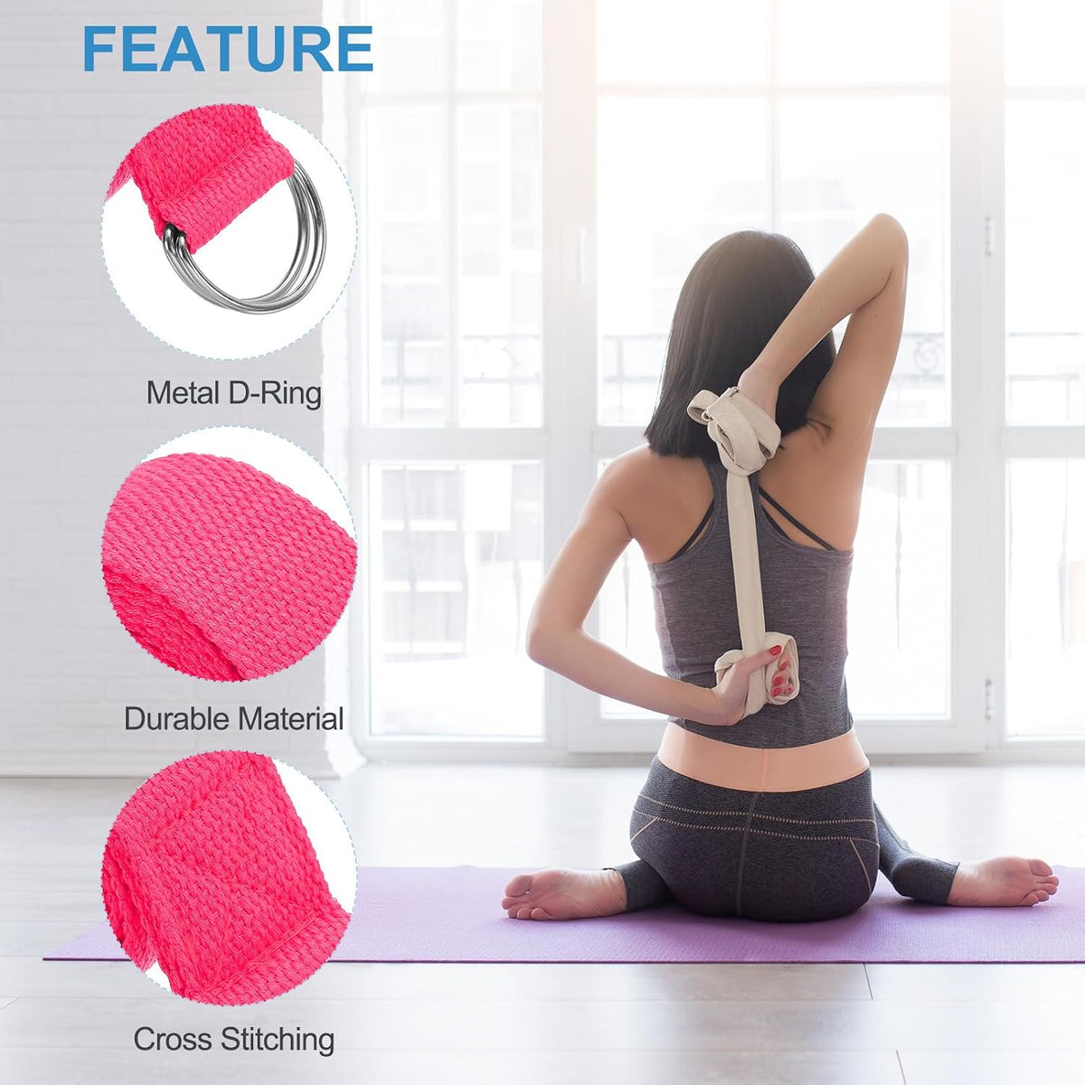 Yoga Strap for Stretching, Cotton Yoga Belt with Adjustable Metal D-Ring Buckle Stretch Band for Fitness Pilates