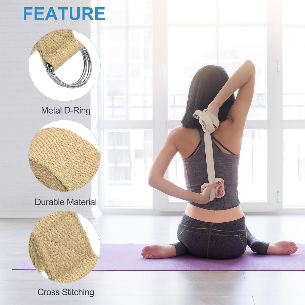 Yoga Strap for Stretching, Cotton Yoga Belt with Adjustable Metal D-Ring Buckle Stretch Band for Fitness Pilates