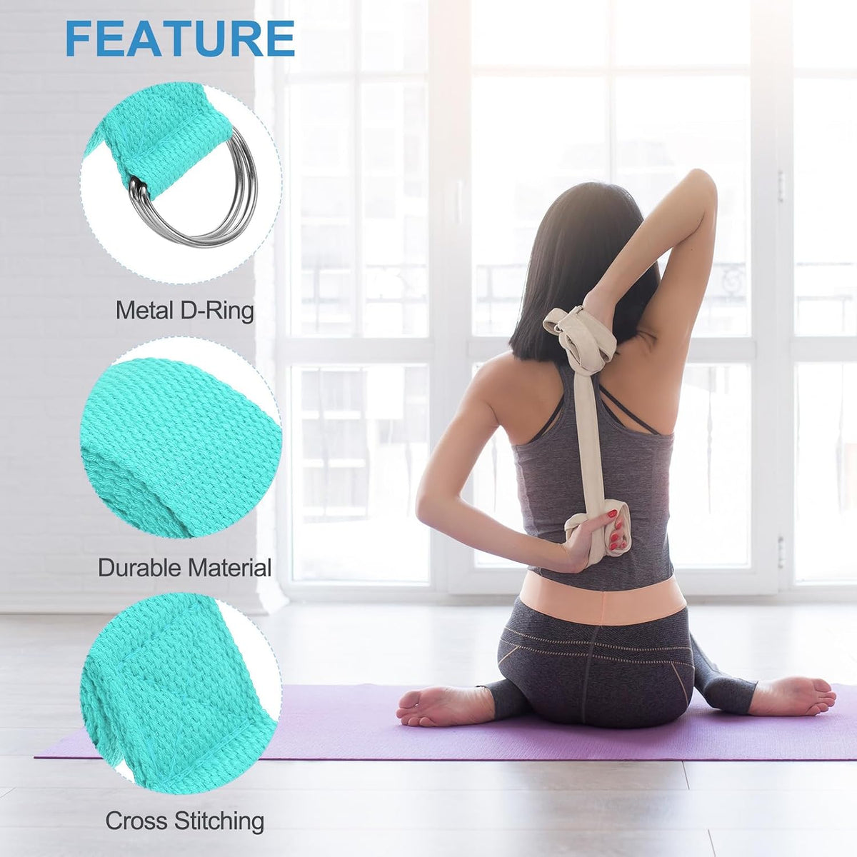 Yoga Strap for Stretching, Cotton Yoga Belt with Adjustable Metal D-Ring Buckle Stretch Band for Fitness Pilates