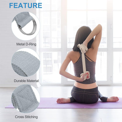 Yoga Strap for Stretching, Cotton Yoga Belt with Adjustable Metal D-Ring Buckle Stretch Band for Fitness Pilates