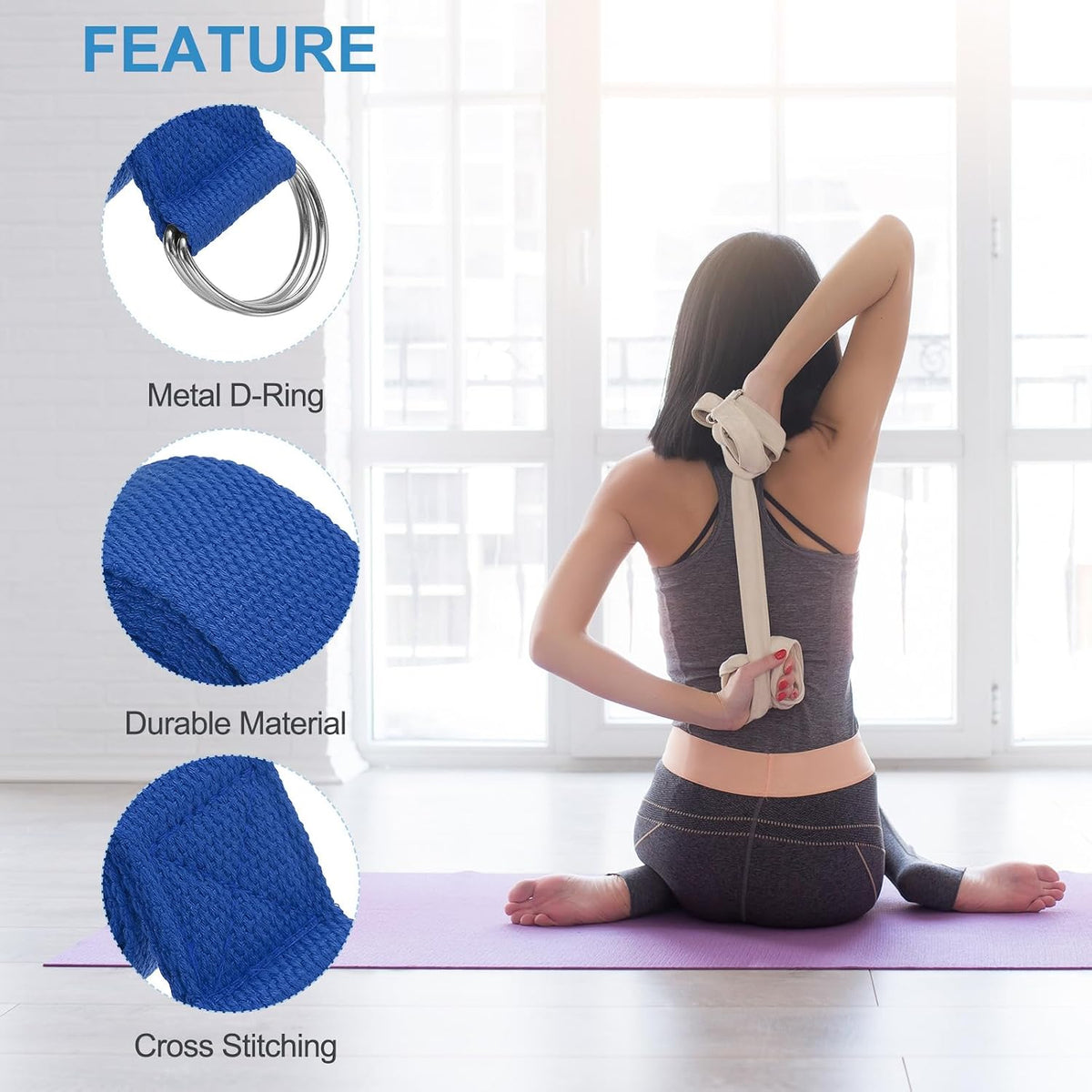 Yoga Strap for Stretching, Cotton Yoga Belt with Adjustable Metal D-Ring Buckle Stretch Band for Fitness Pilates