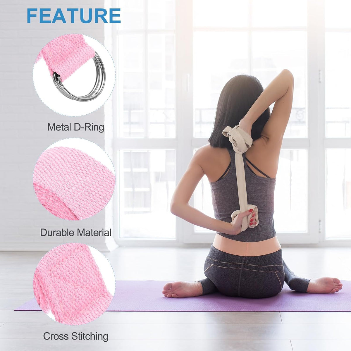 Yoga Strap for Stretching, Cotton Yoga Belt with Adjustable Metal D-Ring Buckle Stretch Band for Fitness Pilates