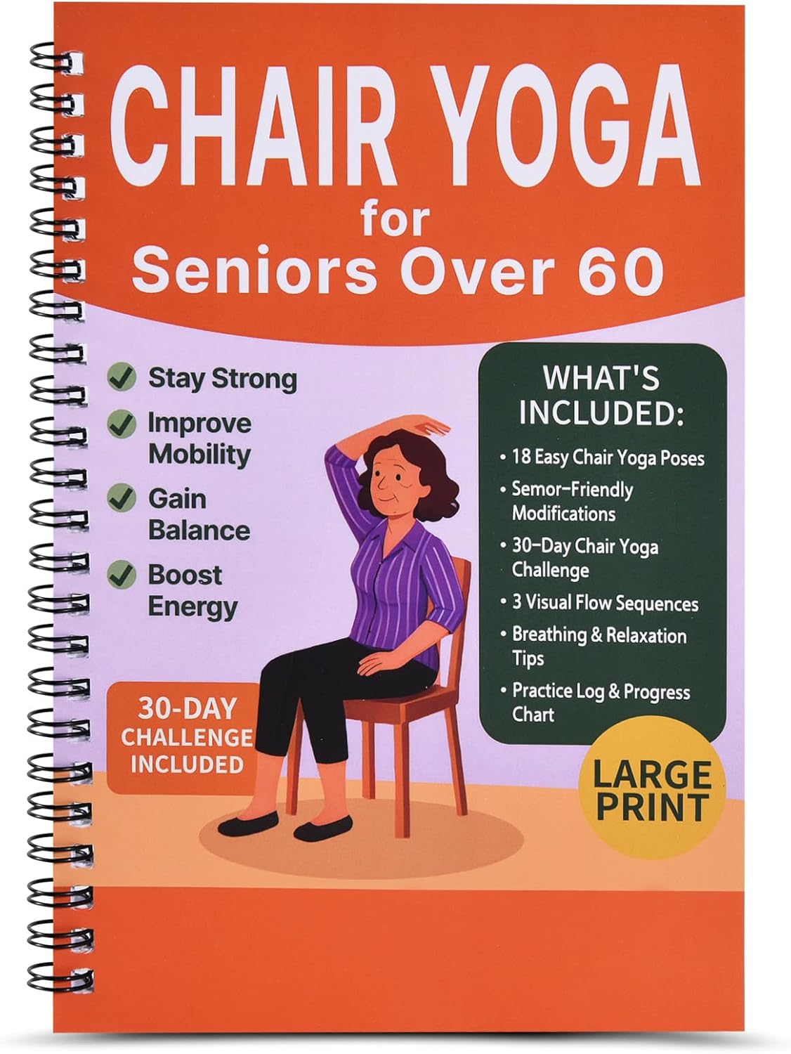 Chair Yoga for Seniors Over 60 Book & Chart – 30-Day Challenge, Gentle Seated Yoga Guide, Chair Yoga for Weight Loss & Flexibility, Senior Chair Exercises for Women & Men，Top Choice for Family Gifts (Purple)
