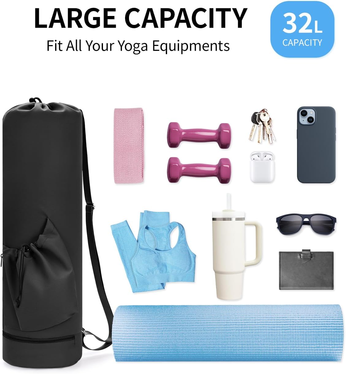 Yoga Mat Bag with Water Bottle Pocket & Wet Pocket for Women